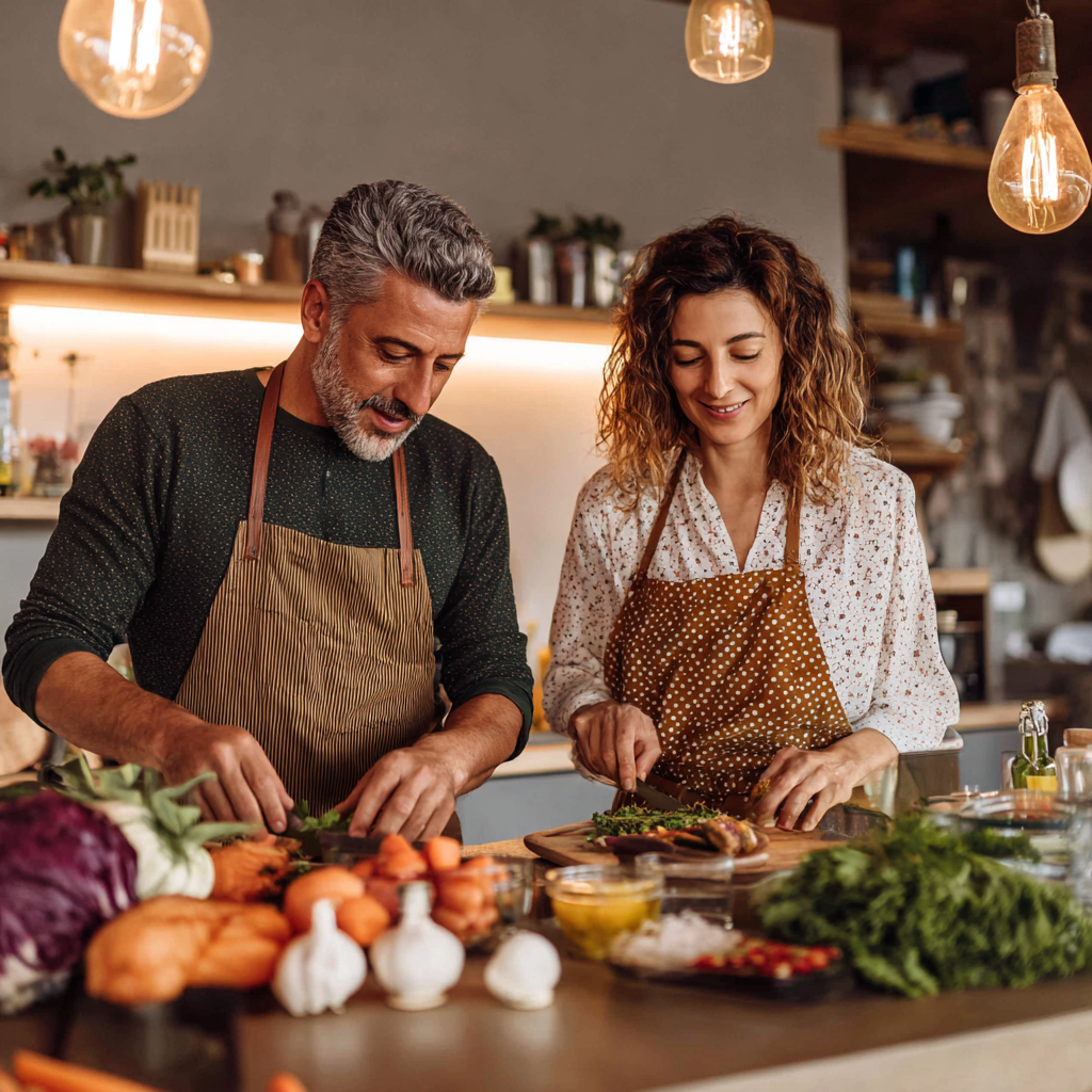 Romanian family enjoying a planned healthy meal together at a beautifully set dining table