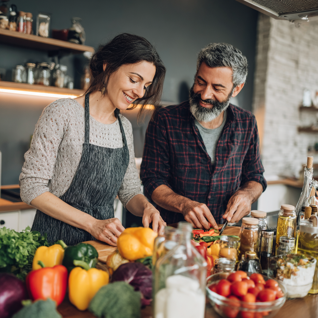 Romanian couple in their 40s preparing healthy meals together in a modern kitchen, organizing ingredients