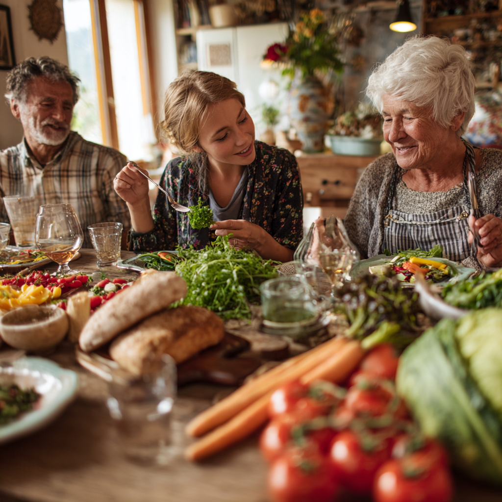 Active Romanian seniors in their 60s and 70s participating in light exercise and enjoying nutritious meals outdoors